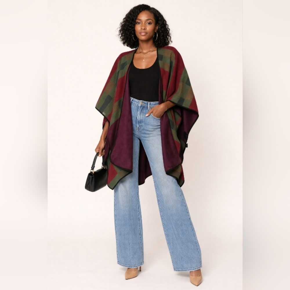Serra Aztec Red Green Purple Reversible Poncho Cape Shawl OS Toggle Closure Boho